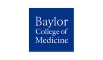 Logo of Baylor College of Medicine in white text on blue background.