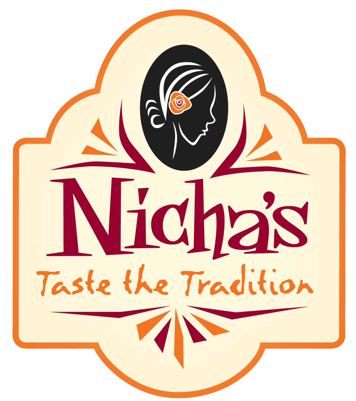 Logo of Nicha's with tagline 'Taste the Tradition' on an orange background.