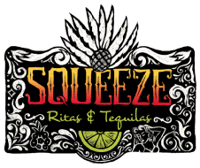 Logo for Squeeze Ritas & Tequilas with lime and decorative design.