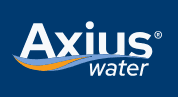 Logo of Axius Water with a blue background and a wave design.