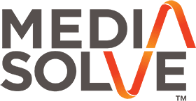 Logo with bold letters and gradient orange V on brown background.