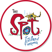 Logo of The Spot Island Famous restaurant with a trumpet illustration.